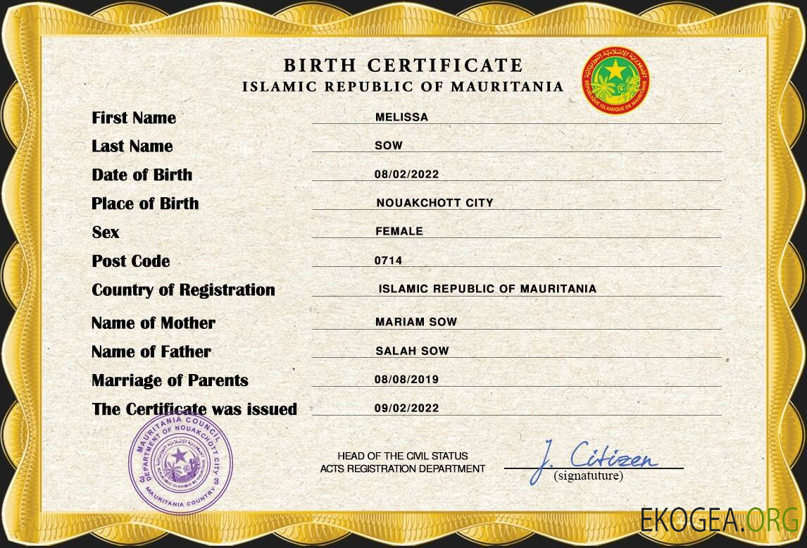 Modèle PSD d'acte de naissance en Mauritanie